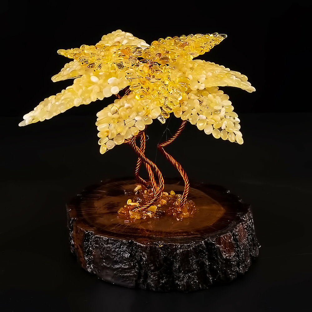 Денежное дерево, приносящее богатство с листьями из натурального янтаря - фотография № 3