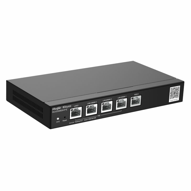 Маршрутизатор Ruijie Reyee Desktop 5-port full gigabit router, providing one WAN port, one LAN port, and three LAN/WAN ports; supporting four PoE/PoE+ interfaces and maximum 60 W PoE power; recommended concurrency of 300,