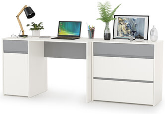 Компьютерный стол Торонто с комодом, цвет белый шагрень/стальной серый, ШхГхВ 200х53,1х75,3 см., универсальная сборка