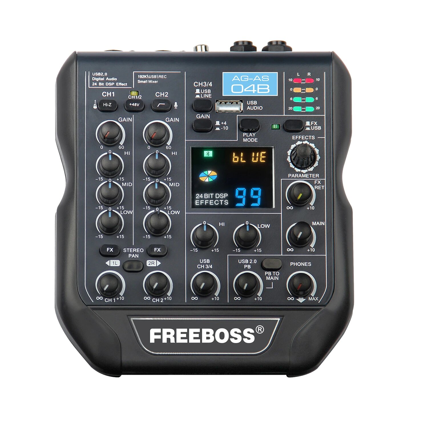 FREEBOSS AG-AS04B Микшерный пульт 4 канала + 48 В Bluetooth USB 99 эффектов DSP. Звуковая карта.
