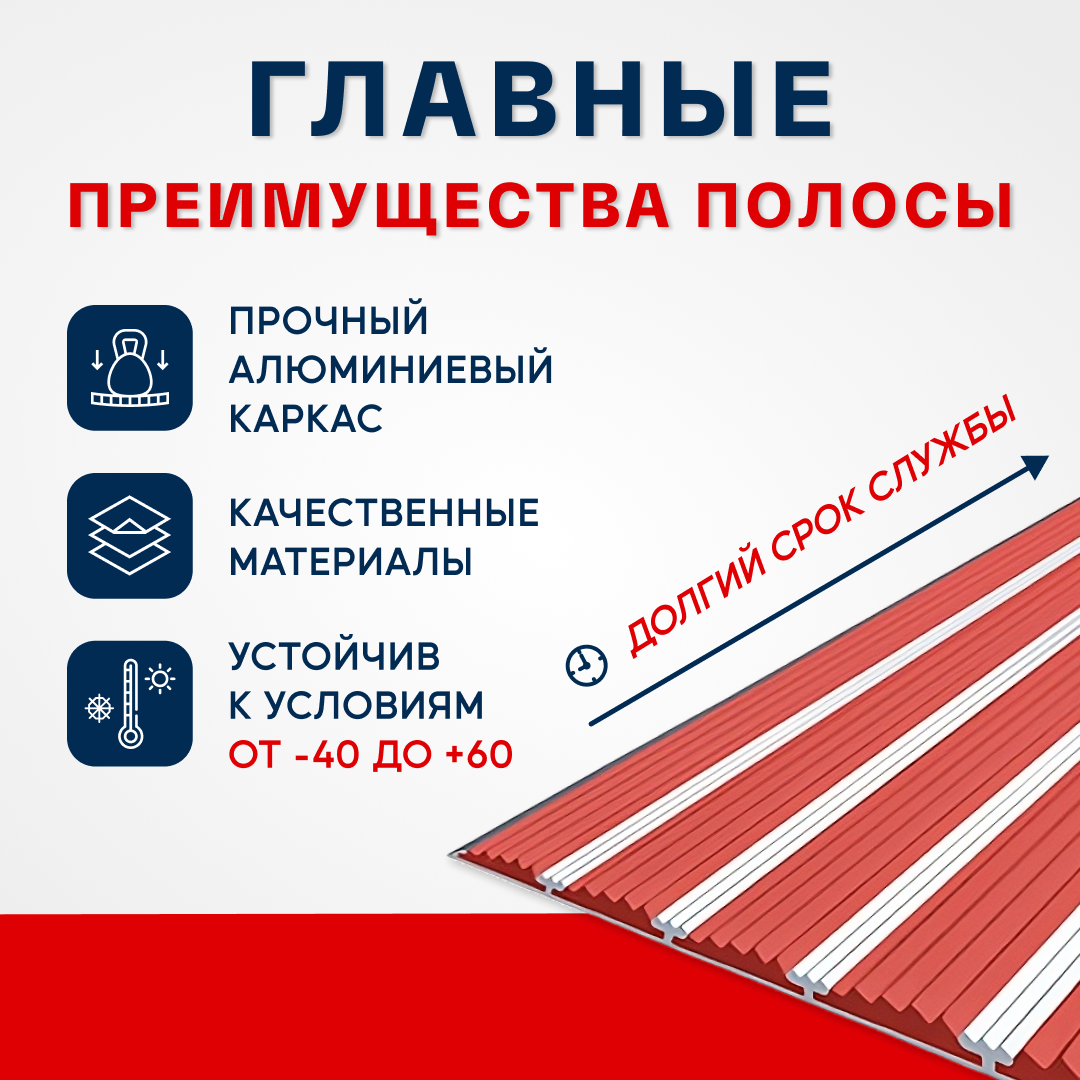 Противоскользящий алюминиевый угол-порог на ступени с пятью вставками 160мм, 1м, красный - фотография № 2