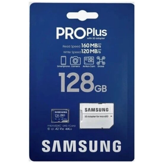 Карта памяти SAMSUNG micro SDXC 128Gb Pro Plus UHS-I U3 V30 A2 + ADP (160/120 Mb/s)