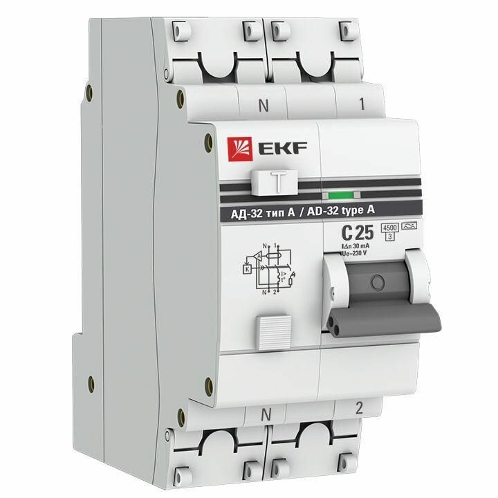 Выключатель автоматический дифференциального тока 2п (1P+N) 25А 30мА тип A АД-32 PROxima EKF DA32-25-30-a-pro - фотография № 1