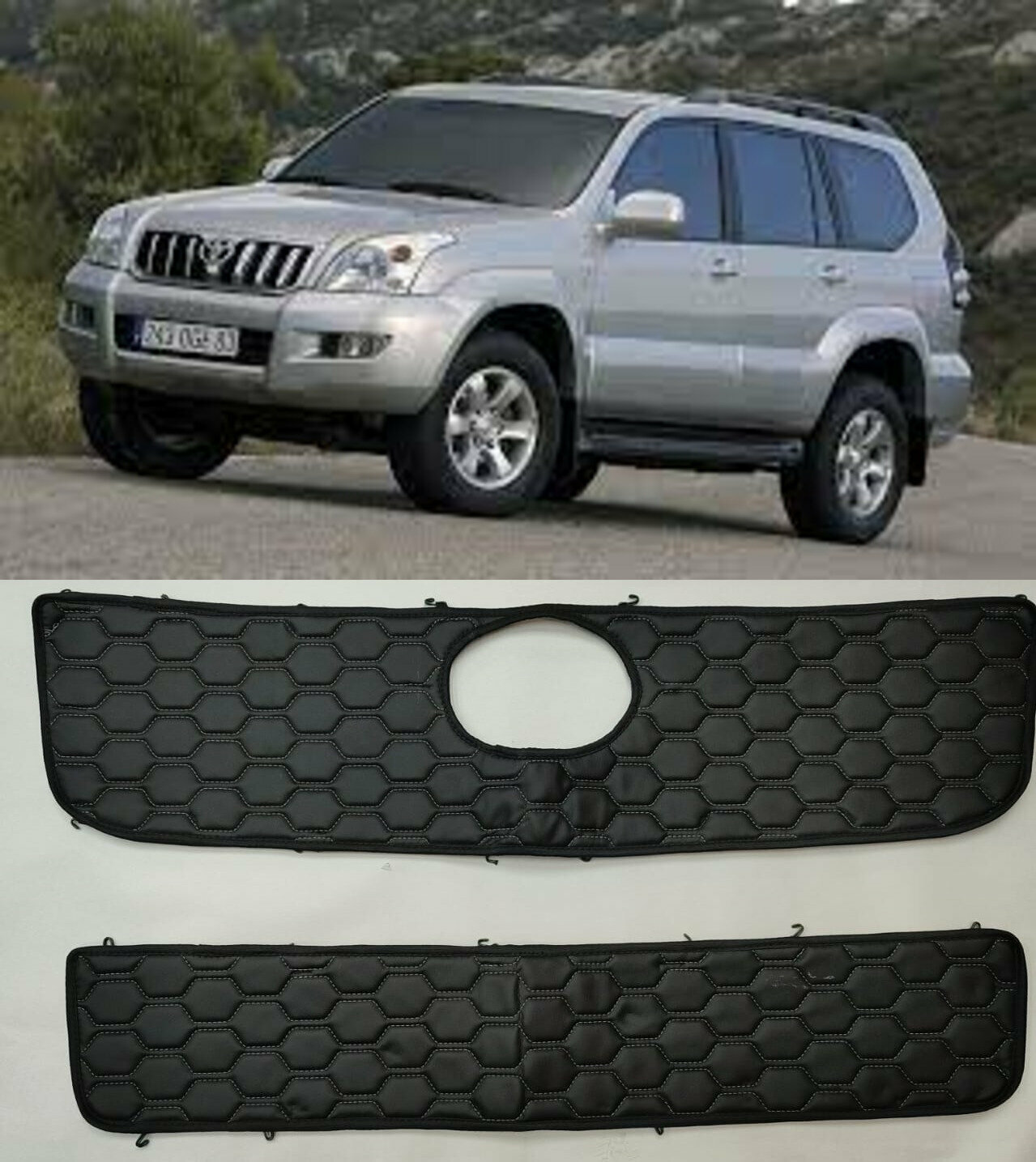 Маска-утеплитель Premium для Toyota Land Cruiser Prado 120 2002-2009 Комплект Строчка Чёрная Сота