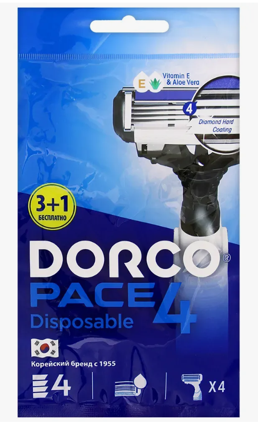 DORCO Cтанок для бритья одноразовый Pace 4, плавающая головка, увлажняющая полоса, 4 лезвия