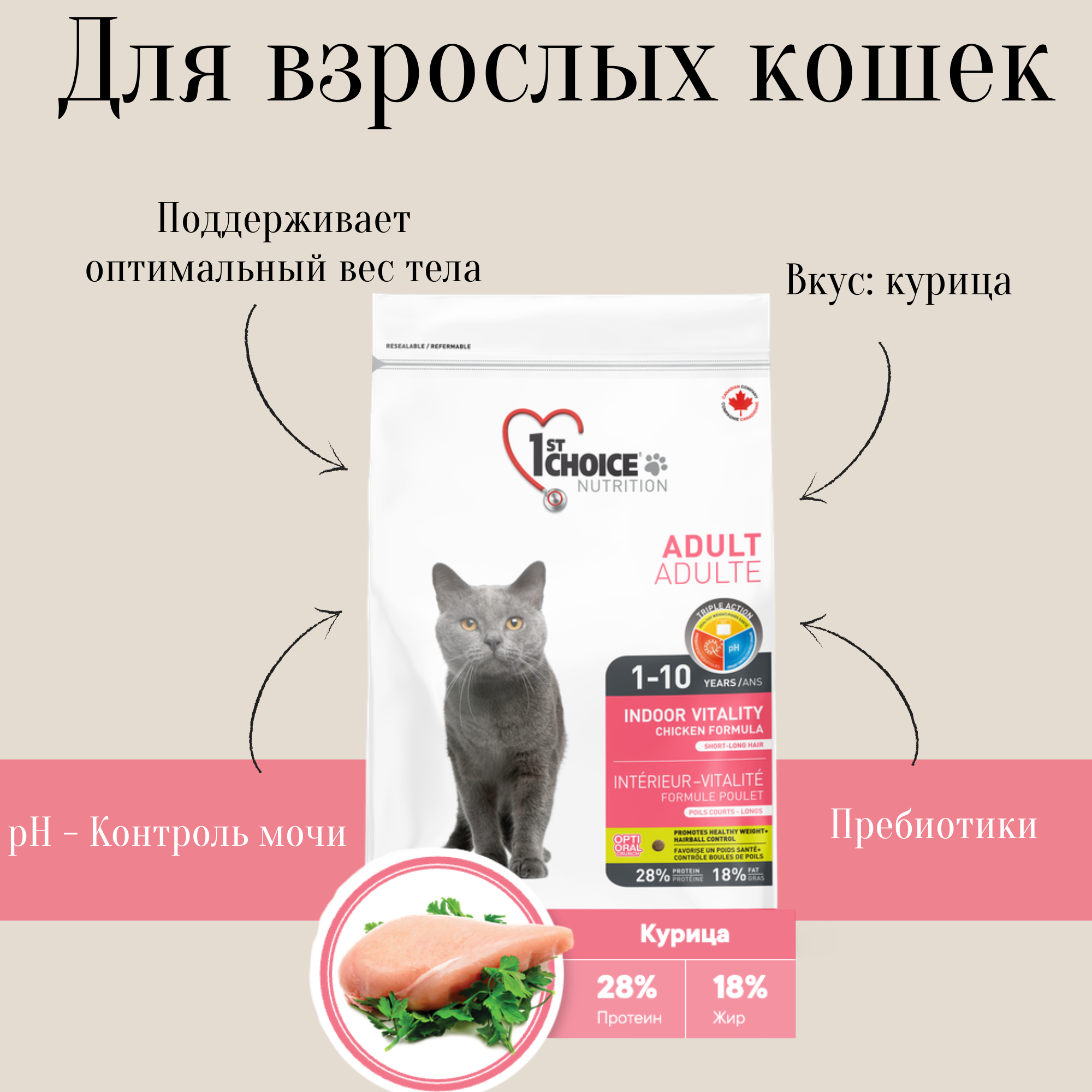 1st Choice для взрослых домашних кошек с цыпленком, Vitality + мячик в подарок - фотография № 1