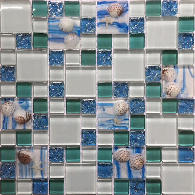 Мозаика стеклянная с натуральными раковинами в средиземноморском стиле (сине-зеленый крупные частицы К4833) - фотография № 1