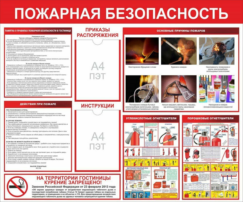 Стенд Пожарная безопасность в гостинице с карманами А4 количество 2 шт размер 1200 х 1000 пластик 3 мм