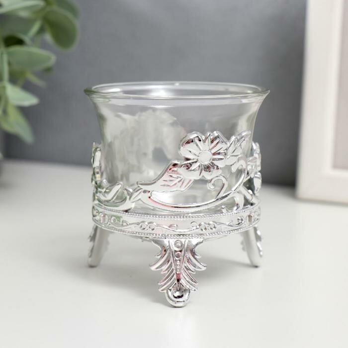 Подсвечник стекло, пластик на 1 свечу "Цветочек" серебро 6,5х6х6 см - фотография № 2