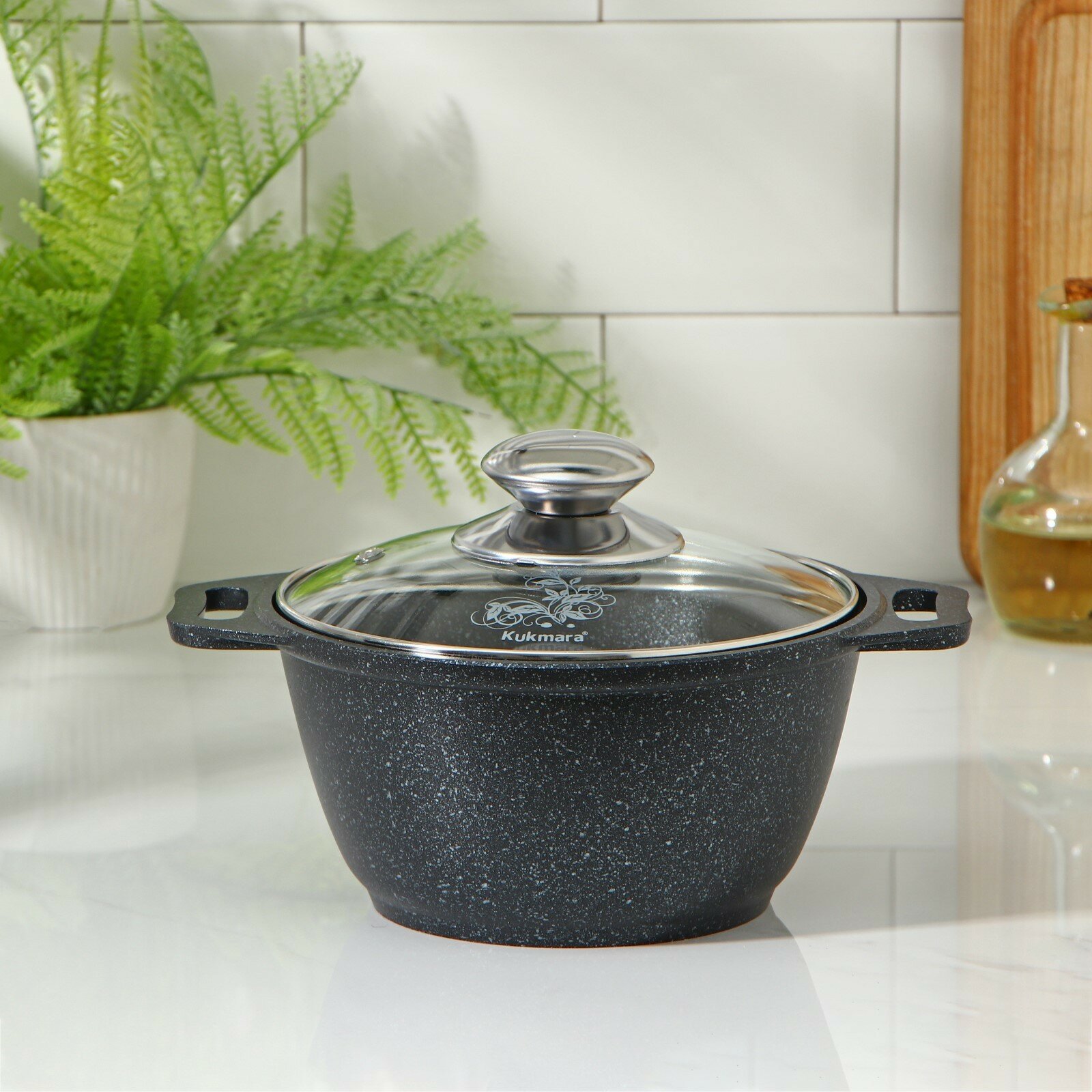 фото Кастрюля, 1 л, стеклянная крышка, антипригарное покрытие, цвет тёмный мрамор