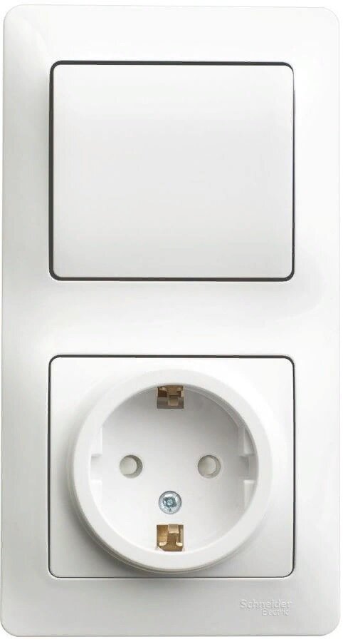 Блок Schneider Electric Glossa 1 розетка + 1 выключатель, скрытая, заземление, шторки, IP20, белый [gsl000170]