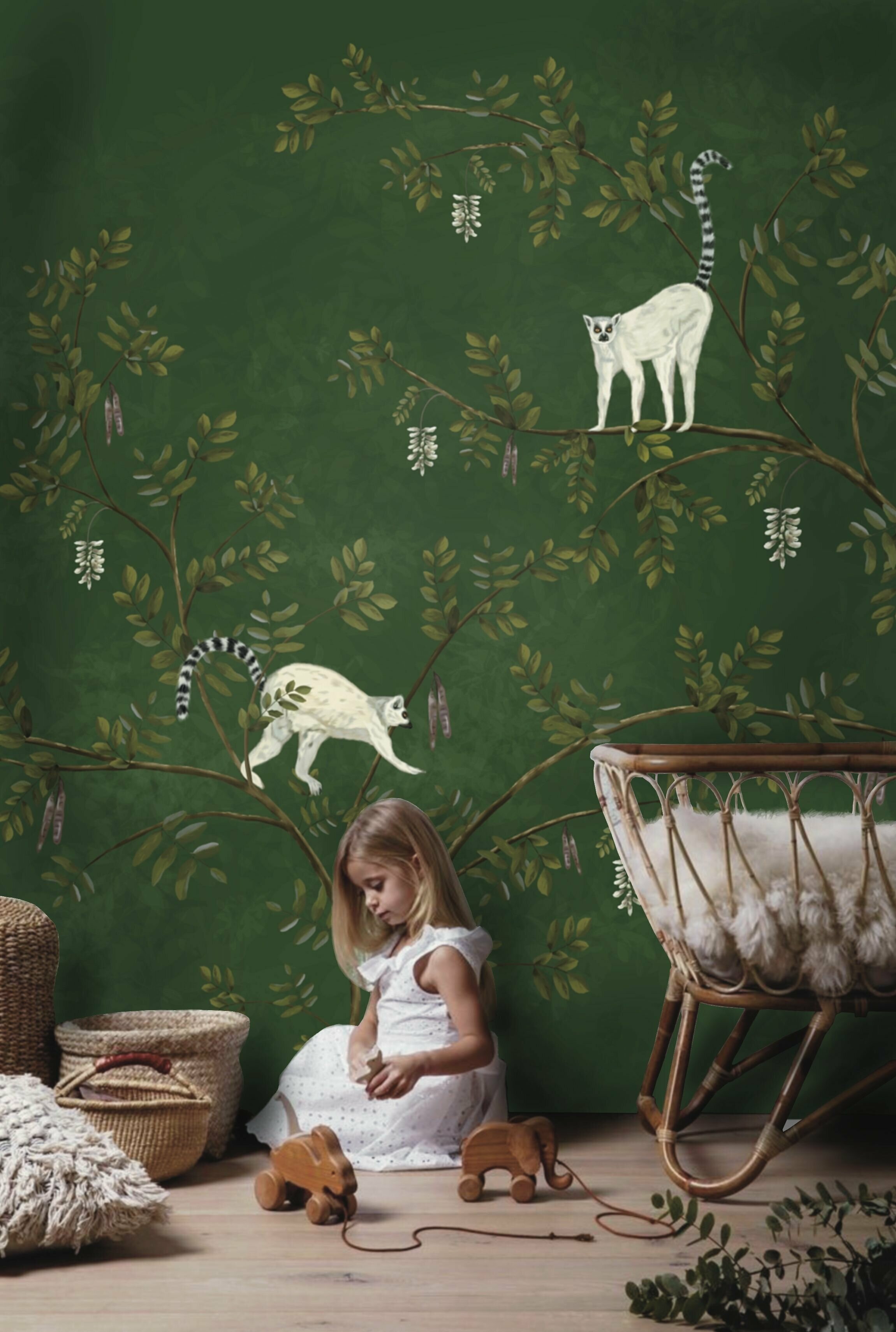 Фреска бесшовная Лемуры Зеленый (текстура листья) (ширина 3100мм х длина 4000мм) - фотография № 1