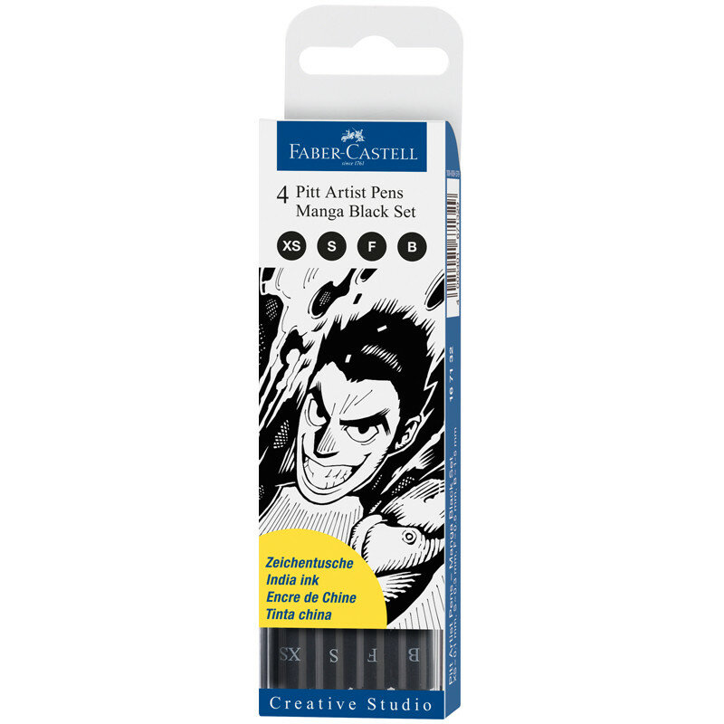 Набор капиллярных ручек Faber-Castell "Pitt Artist Pens Manga Black set" черные, 4шт., 0,1/0,3/0,5мм/Вrush, европодвес, 285986