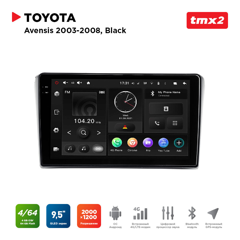 Автомагнитола Toyota Avensis 03-08 black (MAXIMUM Incar TMX2-2219-4) Android 10/2000*1200, BT, wi-fi, 4G LTE, DSP, 4-64Gb, 9.5"