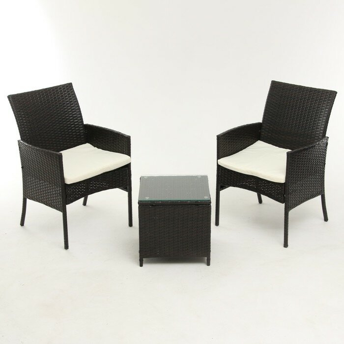 Набор садовой мебели: Стол и 2 кресла коричневого цвета с белой подушкой - фотография № 1