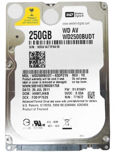 Жесткий Диск Western Digital WD2500BUDT 250Gb SATAII 25" HDD