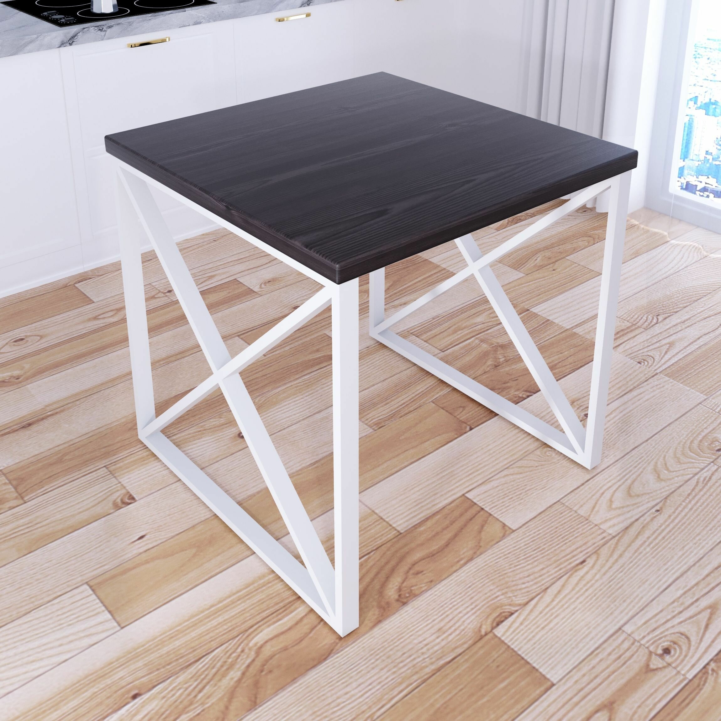 Стол кухонный Loft с квадратной столешницей цвета венге из массива сосны 40 мм и белыми металлическими крестообразными ножками, 60x60х75 см - фотография № 2