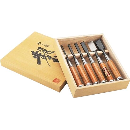 фото Комплект стамесок Fujikawa (Фудзикава) Shirogami Z.F-PRO-6,количество 6 шт.:шириной 6, 9, 12, 18, 24, 30 мм с голубым кольцом в деревянном кейсе