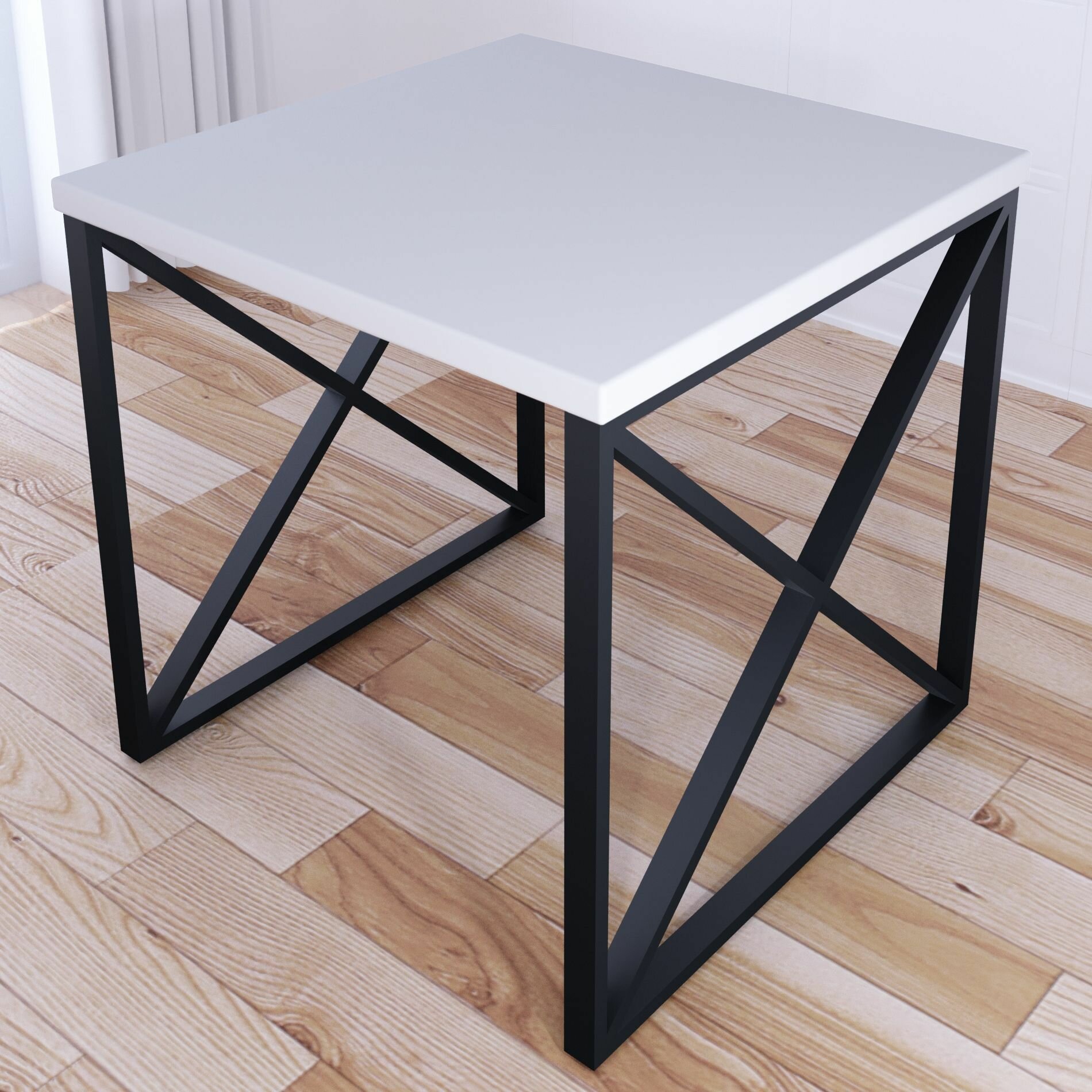 Стол кухонный Loft с квадратной белой столешницей из массива сосны 40 мм и черными металлическими крестообразными ножками, 60x60х75 см - фотография № 1