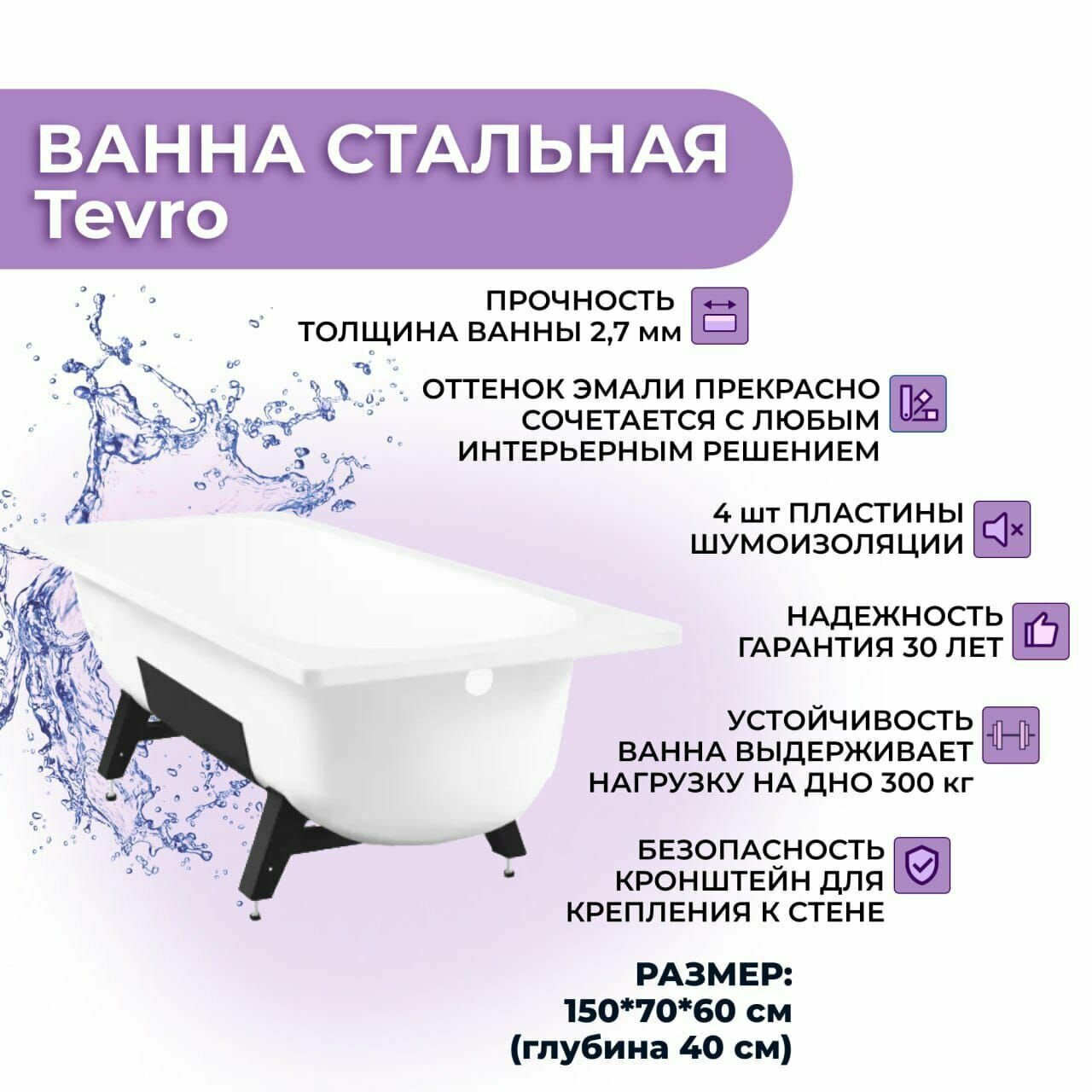 Ванна стальная ВИЗ Tevro 150x70 ножки в комплекте/ европейское качество