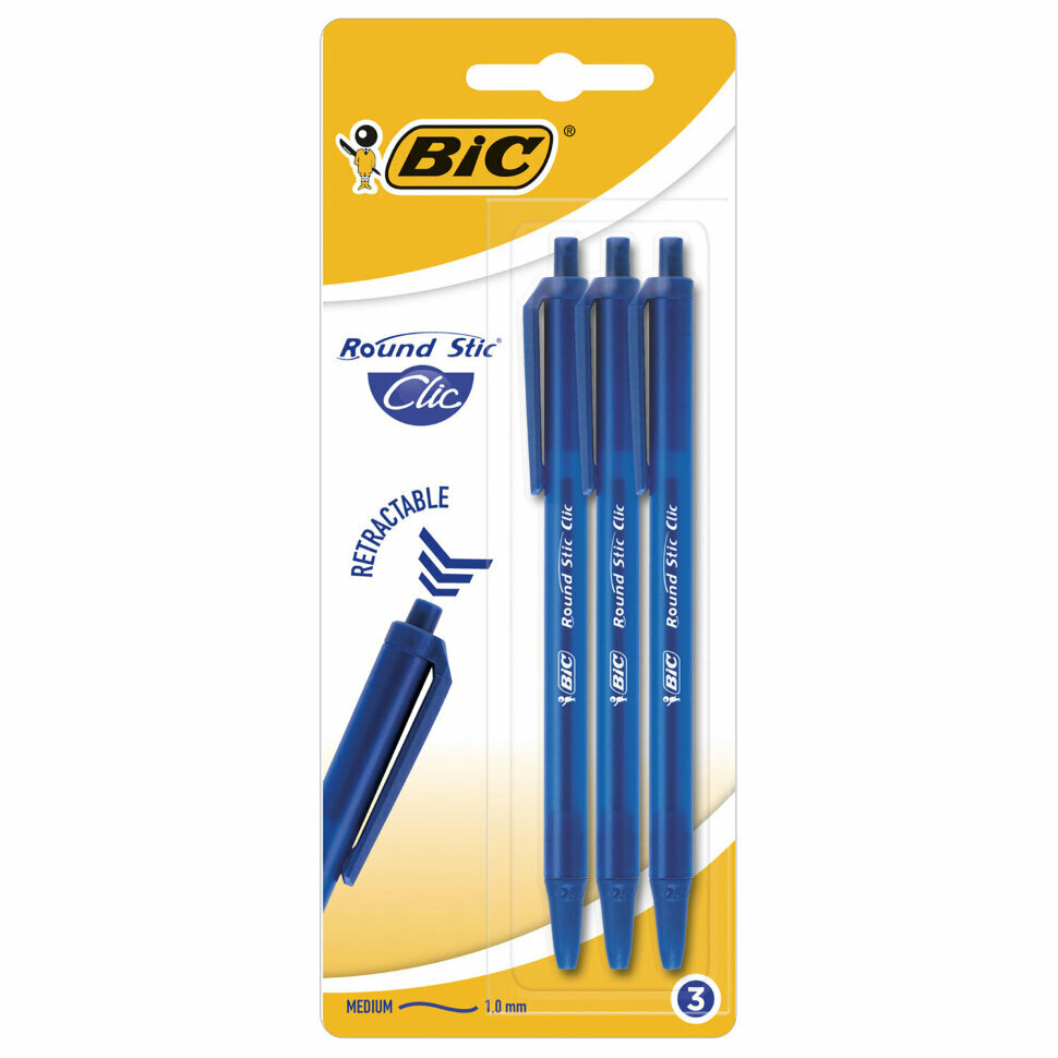 Ручки шариковые автоматические BIC "Round Stic Clic", набор 3 шт., синие, линия письма 0,32 мм, блистер, 926374, 143981