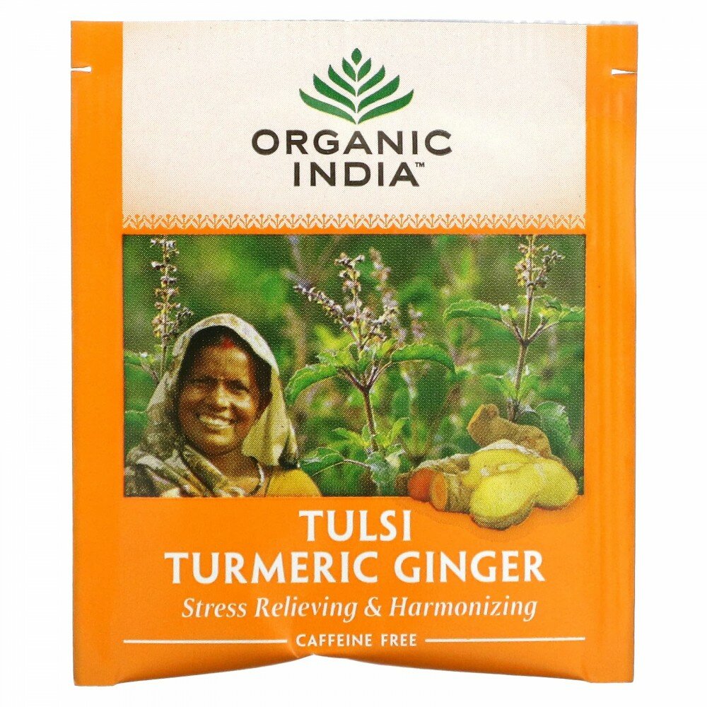 Organic India, чай тулси, куркума и имбирь, без кофеина, 18 чайных пакетиков, 34,2 г (1,2 унции) - фотография № 3