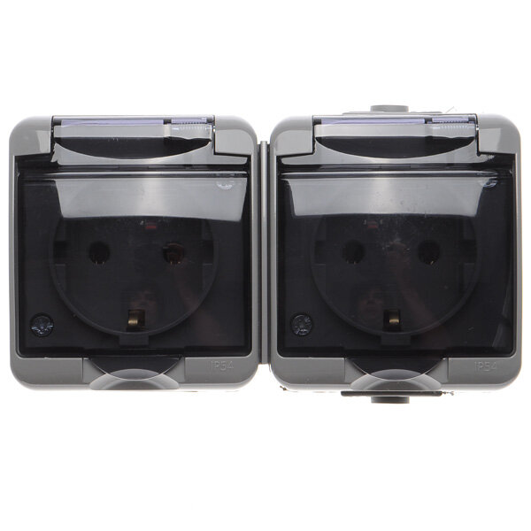 фото Розетка Hermetics 4668073 евро двойная открытой проводки с прозрачными крышками IP54 серая (ETI)