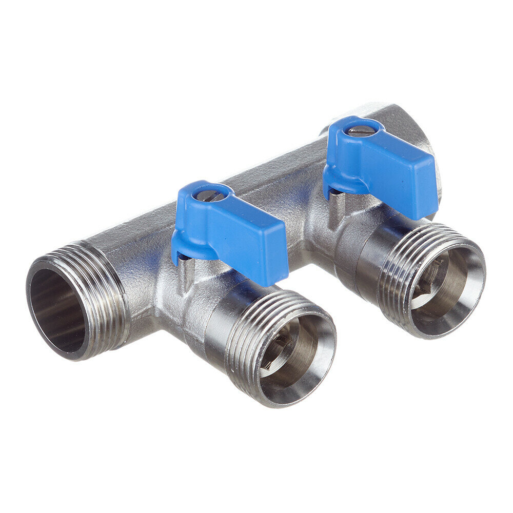 фото Коллектор Henco (VB050502-BLAUW) 3/4 ВР(г) х 2 выхода 3/4 НР(ш) ЕК х 3/4 НР(ш) с шаровыми кранами