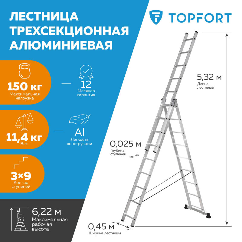 Лестница трехсекционная алюминиевая 3х9 ступеней TOPFORT - фотография № 6