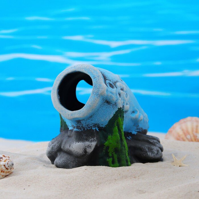 Декор для аквариума "Амфора на камнях", керамический, 14 x 9 x 9 см, синий - фотография № 4