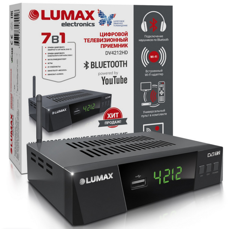 TV-тюнер LUMAX DV-4212 HD (DVB-T2, DVB-C, встр. Wi-Fi, обуч. пульт) , черный