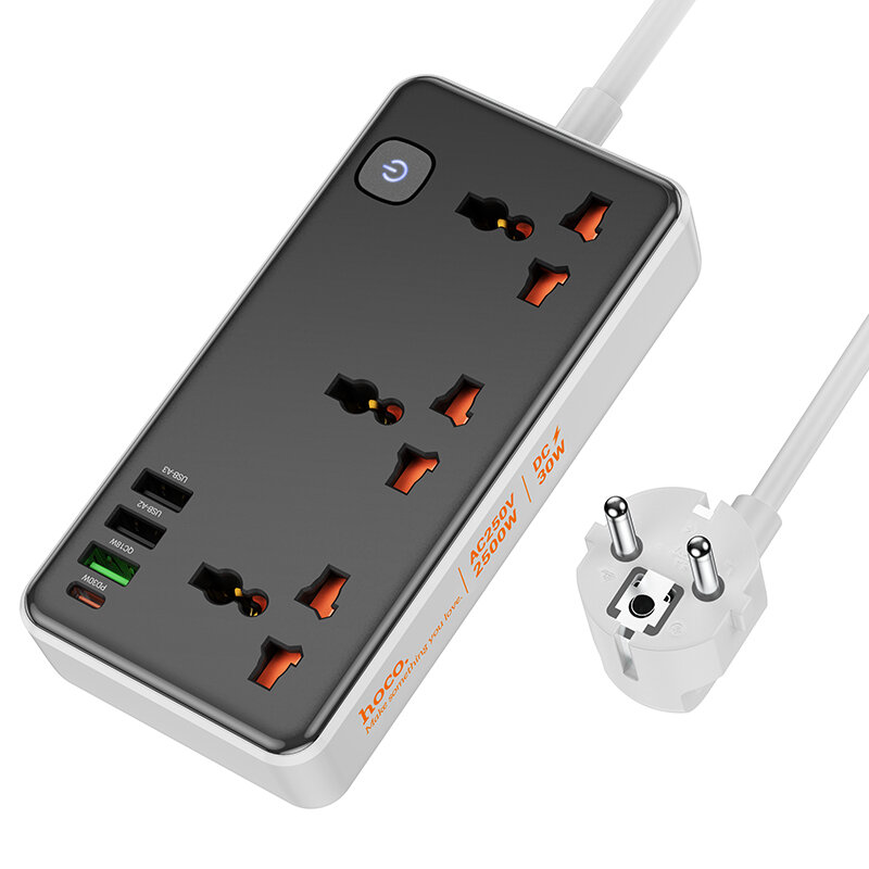 Сетевой фильтр на 3 розетки, 1 USB (18W QC)+ 2 USB, 1 PD (30W), 1.5м, AC8A, HOCO, черный - фотография № 1