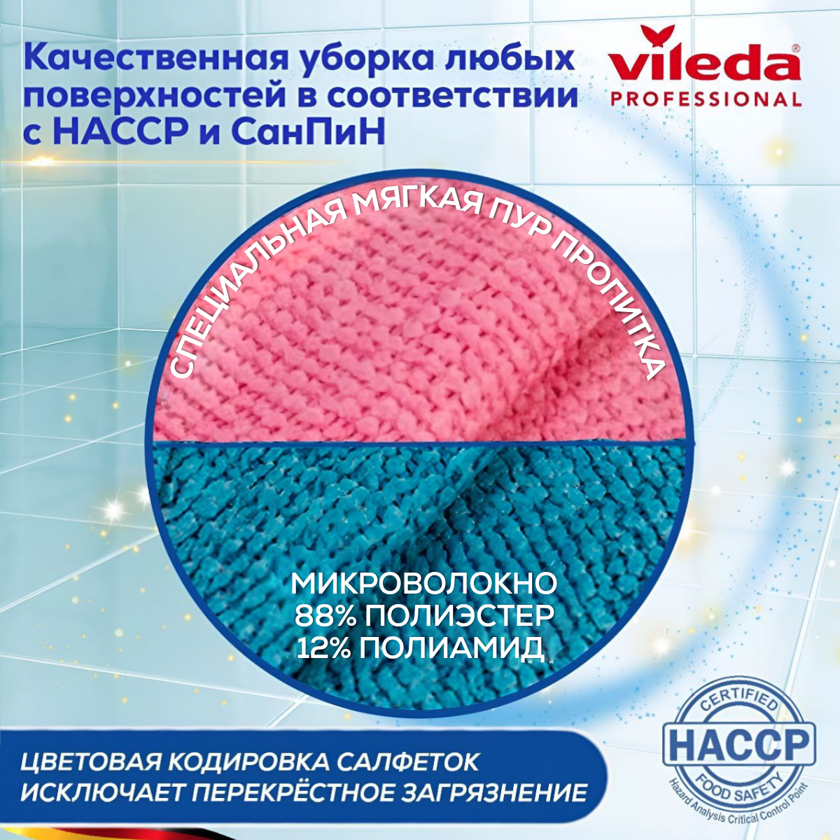 Салфетки для уборки PURmicro Active Vileda Professional, 35х38 см, 2шт красная и синяя, ПУРмикро Актив