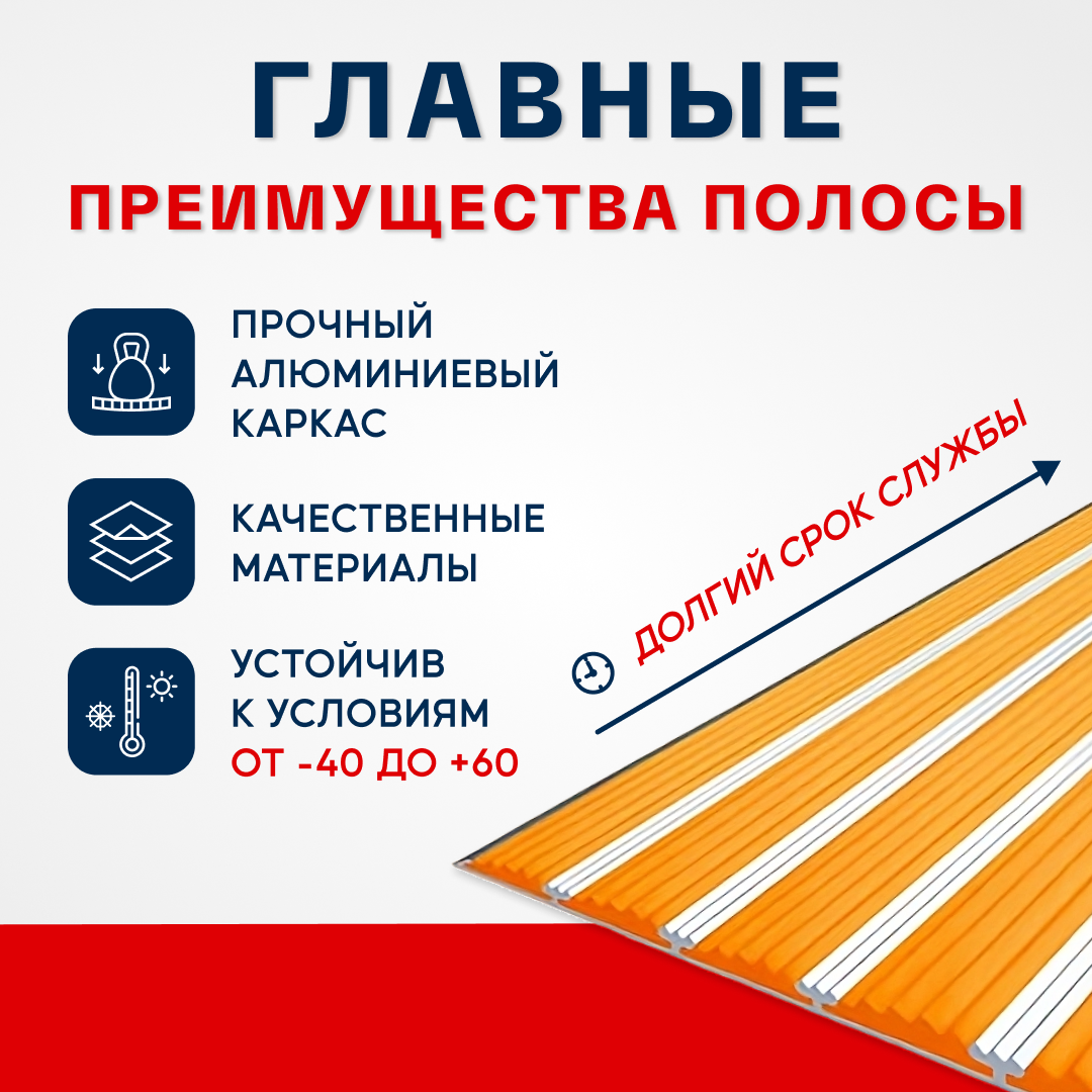 Противоскользящий алюминиевый угол-порог на ступени с пятью вставками 160мм, 1.35м, оранжевый - фотография № 2