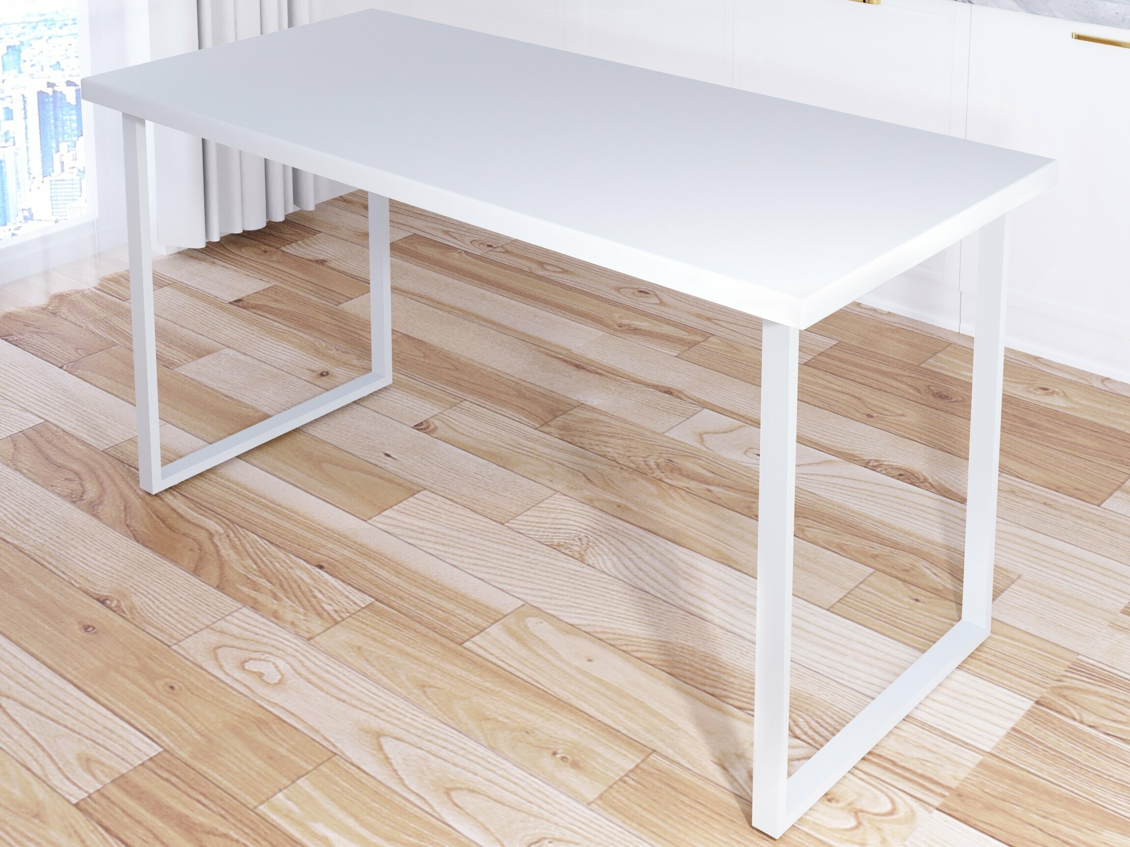 Стол кухонный Loft со столешницей белого цвета из массива сосны 40 мм и белыми металлическими ножками, 130х75х75 см