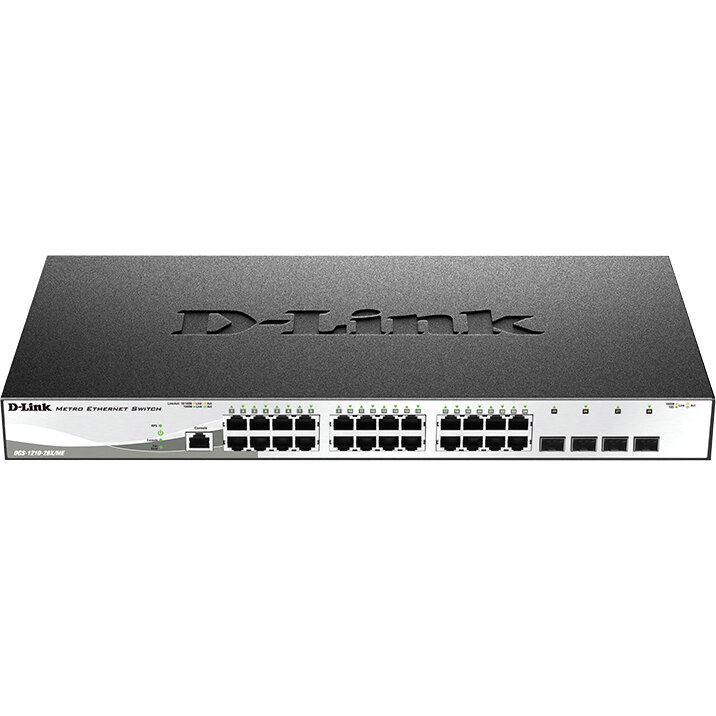 D-Link Коммутатор/ DGS-1210-28X/ME Managed L2 Metro Ethernet Switch 24x1000Base-T, 4x10GBase-X SFP+, Surge 6KV, CLI, RJ45 Console, RPS