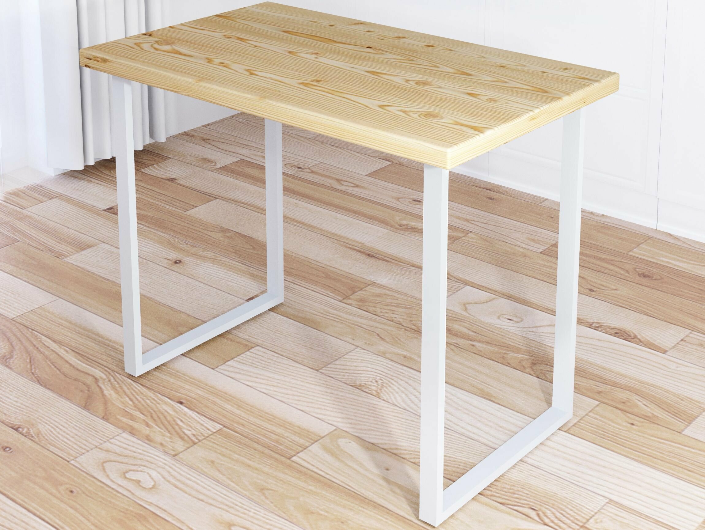 Стол кухонный Loft со столешницей без покраски из массива сосны 40 мм и белыми металлическими ножками, 90х60х75 см - фотография № 1