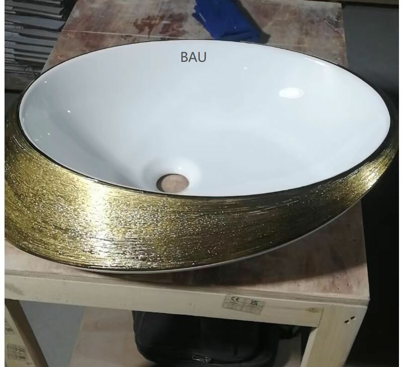 Раковина накладная овальная BAU Nimb Gold 52х38, на столешницу, санфарфор, белая/брашированое золото - фотография № 2