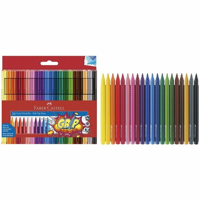 Фломастеры 20 цветов Faber-Castell Grip 1553 трехгранный корпус с массажными шашечками, ударопрочный наконечник (комплект из 2 шт)