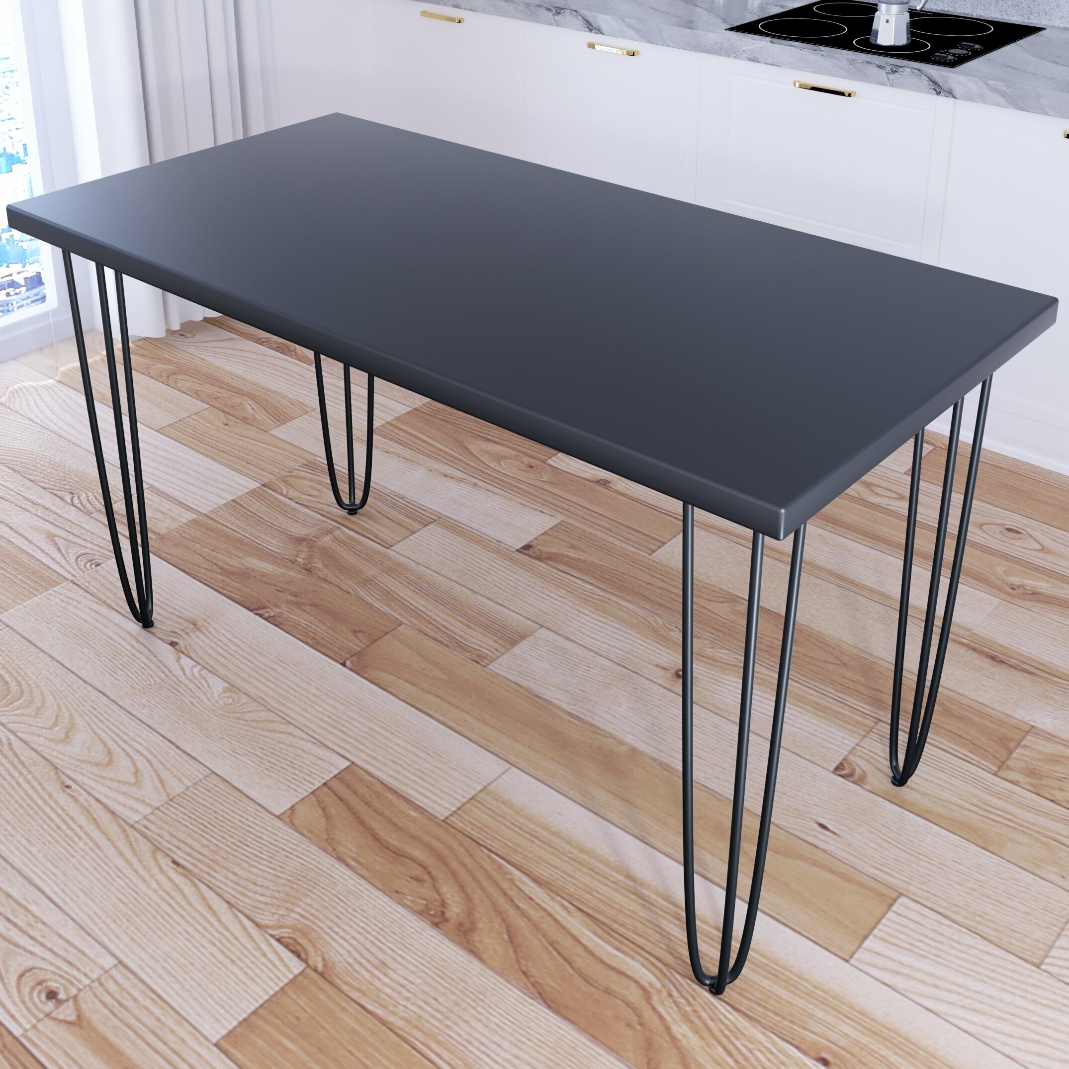 Стол кухонный Loft со столешницей цвета антрацит из массива сосны 40 мм и черными металлическими ножками-шпильками, 130х60х75 см