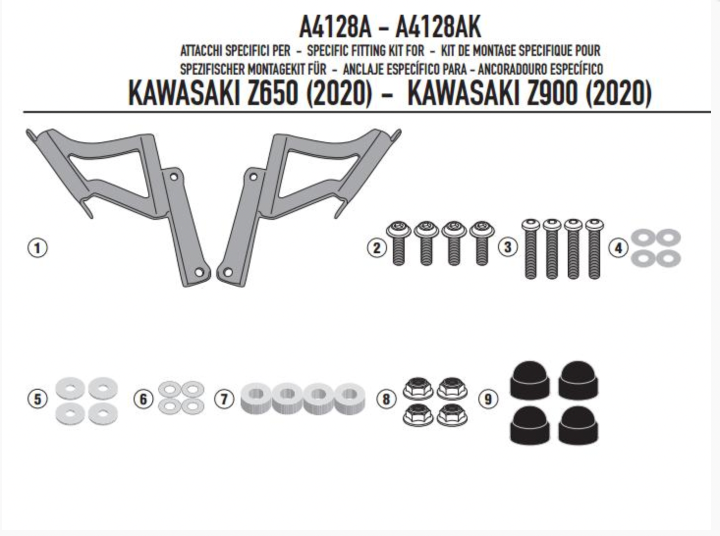 Комплект крепежа GIVI A4128A для крепления стекол GIVI 4128S и 1176A для KAWASAKI Z650/Z900 '20-