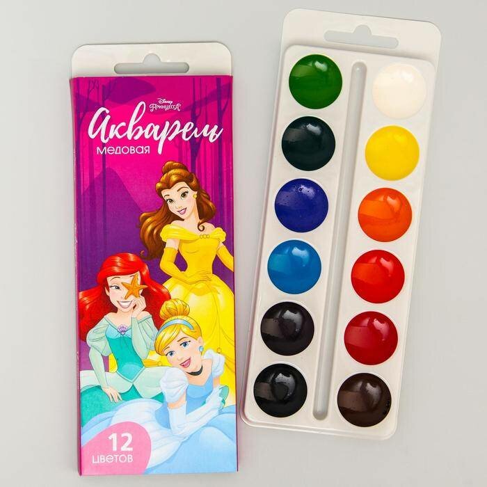 Акварельная краска Disney - Принцессы, медовая, 12 цветов, без кисти, 1 шт