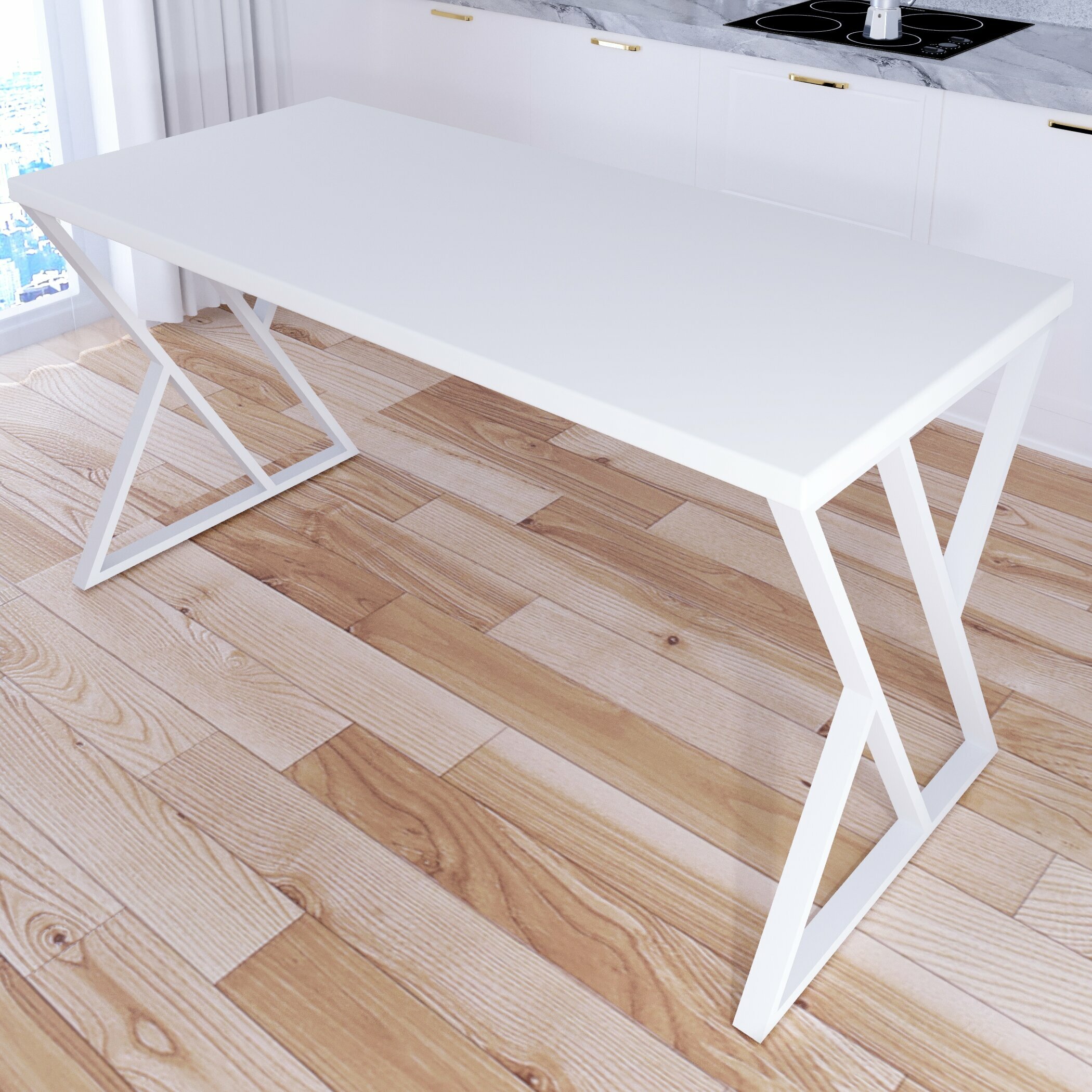 Стол кухонный Loft со столешницей белого цвета из массива сосны 40 мм и белыми металлическими Z-образными ножками, 140х70х75 см