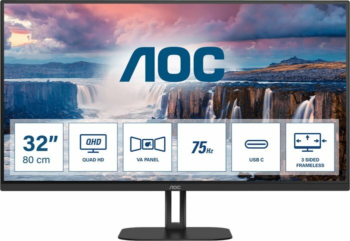 31,5" AOC Q32V5CE 2560x1080@75Гц VA LED 16:9 4(1)ms HDMI DP USB-C 3.2 4*USB 3.2 20M:1 3000:1 178/178 300cd Tilt 2*Speakers5w Black