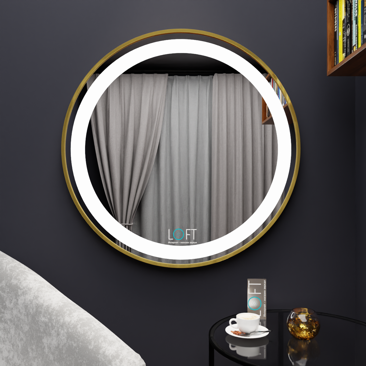 Настенное круглое зеркало с LED-подсветкой, лицевая подсветка, 70 х 70, золотая рама, алюминий под латунь, для дома, ванной, в прихожую - фотография № 1
