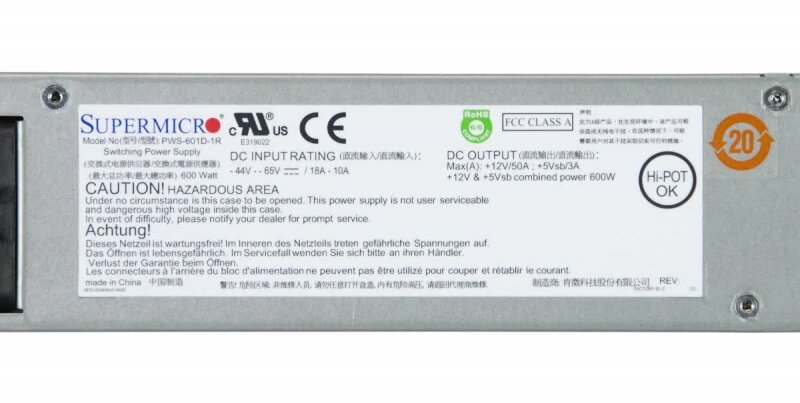 Блок питания Supermicro 600W, DC Input: -44Vdc to -65Vdc/18-10A, +12V: Max: 50A/Min: 0A, +5V sb: Max: 3A/Min: 0A, 545x40x220мм - фото №3