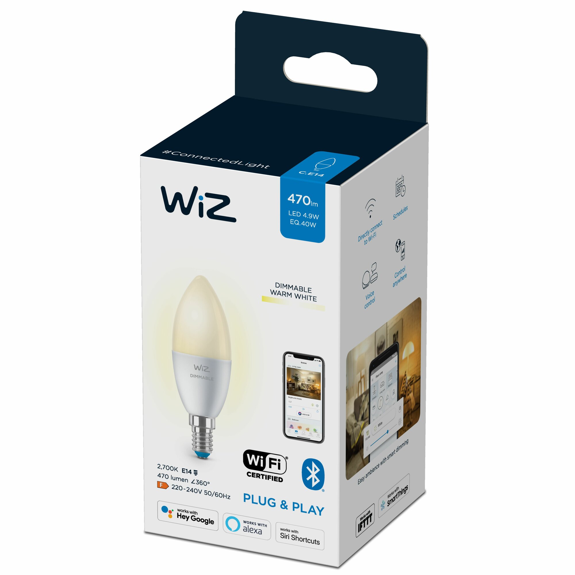 Лампа светодиодная WiZ BLE40WC37E14927DIM1PF/6 E14 C37