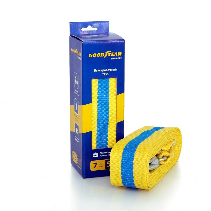 GoodYear Трос буксировочный Goodyear 7 т, 5 м х 6 см, 2 крюка, сумка мешок