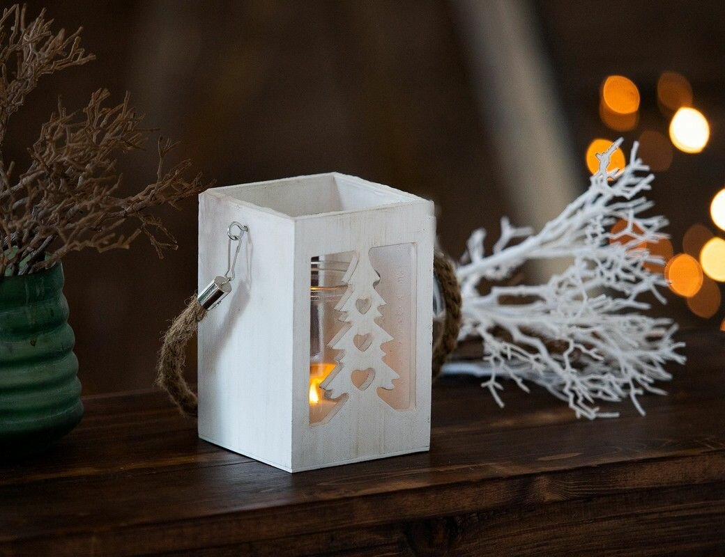 фото Подсвечник-фонарик дерево, стекло, белый, 10x10x15 см, Kaemingk (Lumineo)