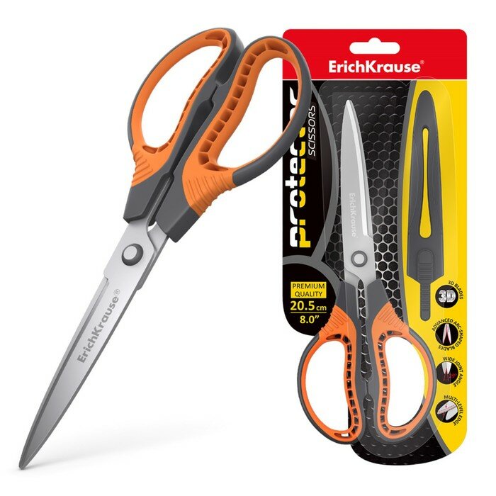 фото Ножницы 20.5 см ErichKrause Protector, с чехлом, усиленные, ударопрочные, серо-оранжевые